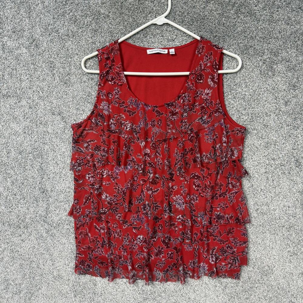 Notations Tank Top L Red Chiffon Romantic Feminine Floral Layered Ruffle Dainty
